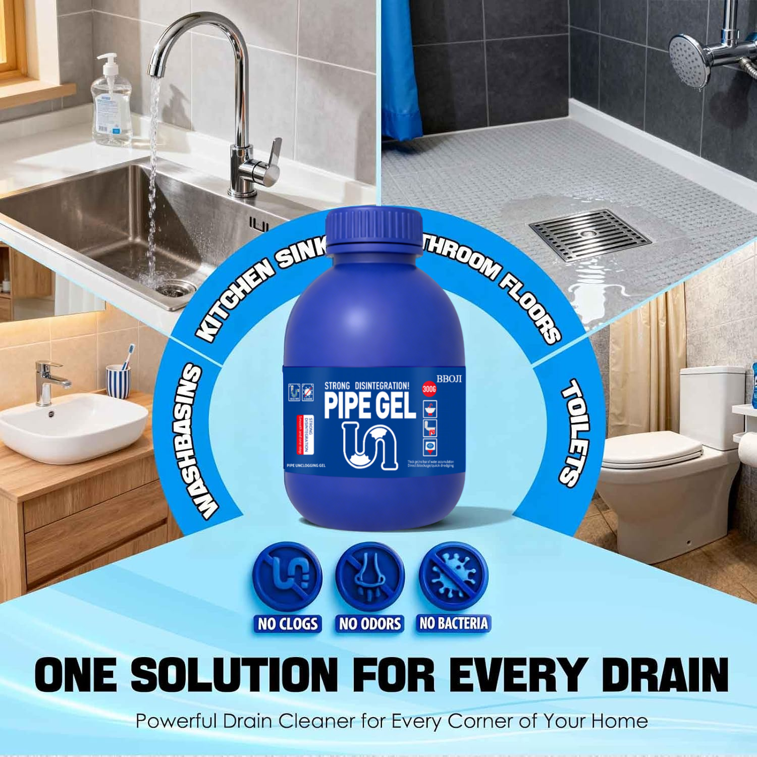 BBOJI Powerful Drain Cleaner — Helps Clear Common Clogs in Sinks, Tubs & Showers